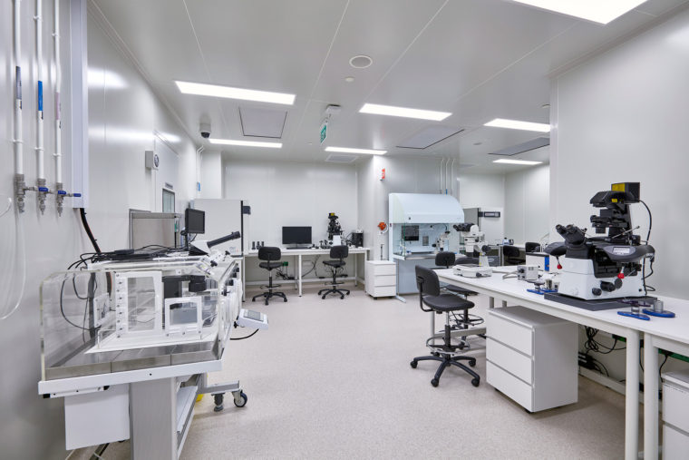 Pacific Fertility Institutes Clinic. Main embryology laboratory with direct connections to procedure rooms, cryostorage and airlock through to staff changing areas