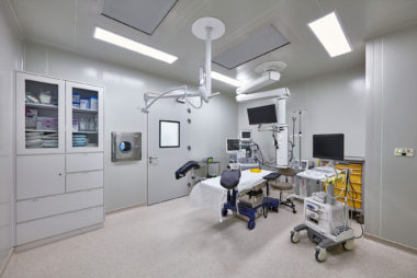 Pacific Fertility Institutes Clinic. The embryo transfer rooms are state of the art facilities connected via a pass-through to the main laboratory. Construction uses modular ceiling and wall panels.