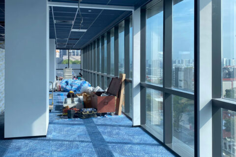 Office Interior Design Deep Blue Ceiling